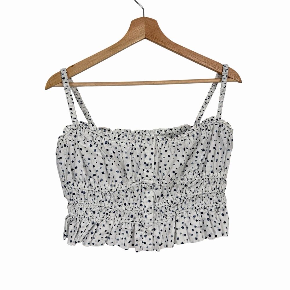 J.Crew Womens Smocked Peplum Cami S White Navy Polka Dot Cropped Preppy Tank Top